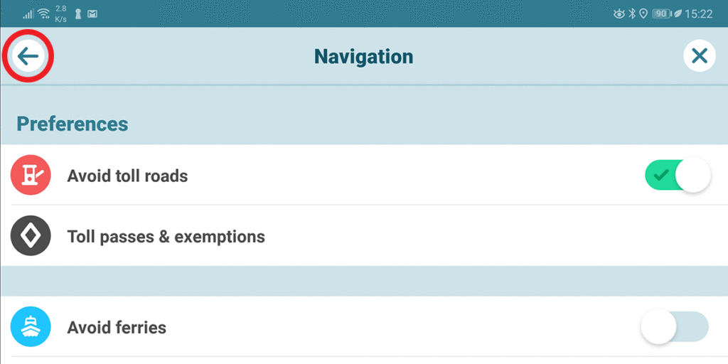 Go back to Driving preference by pressing the arrow on top left