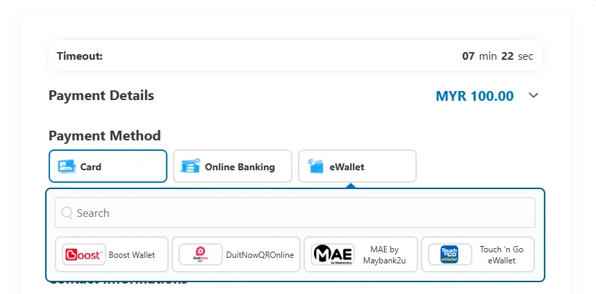 HOI checkout eWallet options including DuitNow QR for PayLater apps