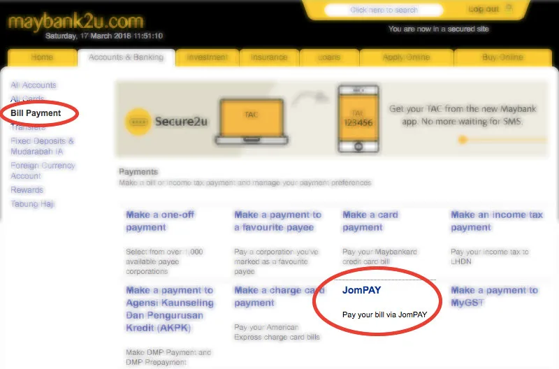 Maybank2u Bill Payment menu with the JomPAY option highlighted