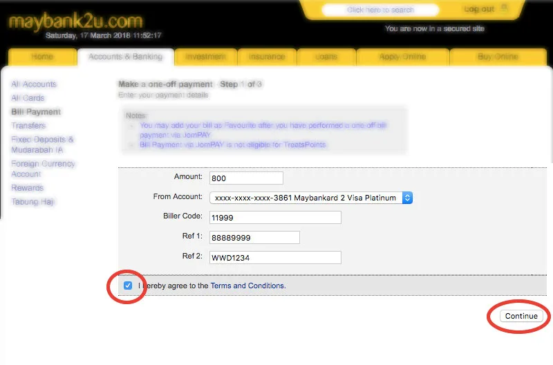 Maybank2u JomPAY payment details screen showing Biller Code 11999 and reference numbers