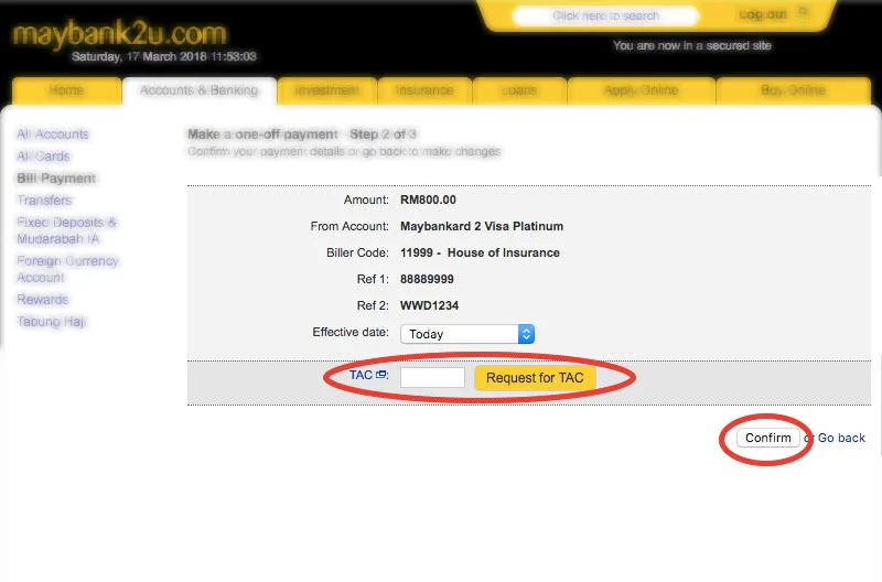 Maybank2u JomPAY confirmation screen showing Biller Code 11999 - House of Insurance with TAC
