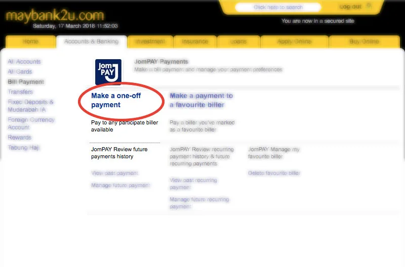 Maybank2u JomPAY screen with 'Make a one-off payment' highlighted