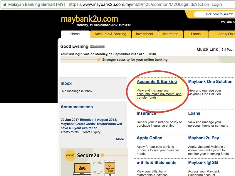 Maybank2u Accounts & Banking menu with Bill Payment highlighted