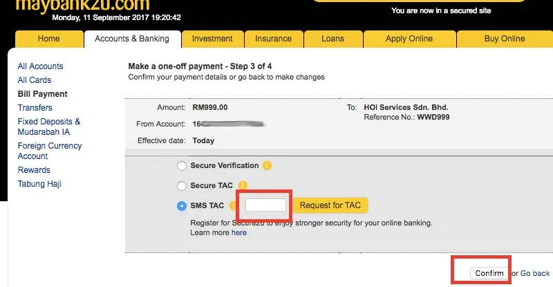 Maybank2u payment confirmation screen with SMS TAC for HOI Services Sdn Bhd