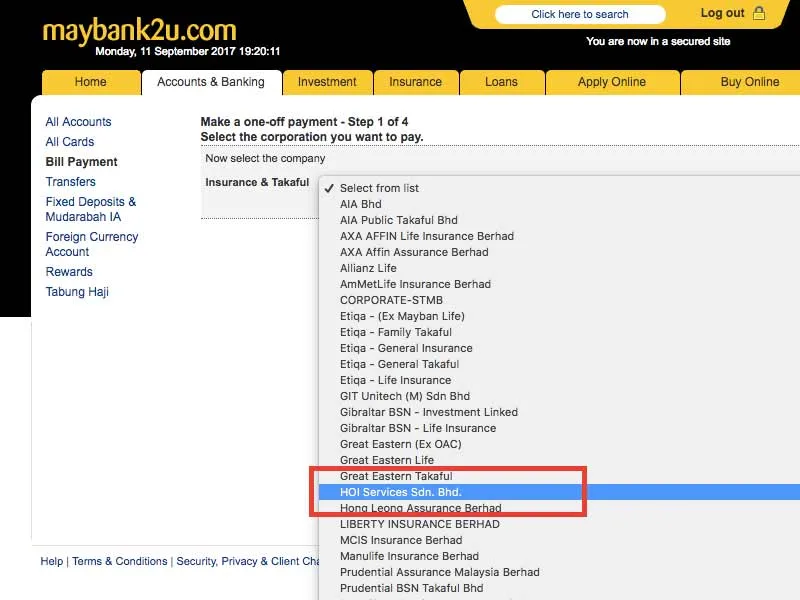 Maybank2u Insurance & Takaful payee list showing HOI Services Sdn Bhd