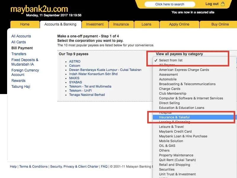 Maybank2u bill payment category list with Insurance & Takaful highlighted