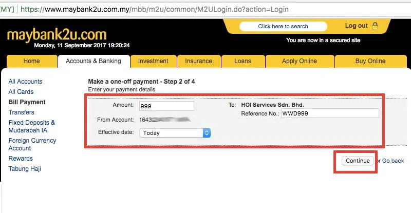 Maybank2u payment details screen showing the amount and reference number for HOI Services Sdn Bhd
