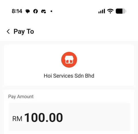 ShopeePay Pay To screen showing Hoi Services Sdn Bhd and the payment amount