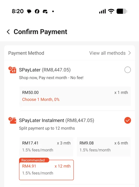 ShopeePay Confirm Payment screen with SPayLater and instalment plan options