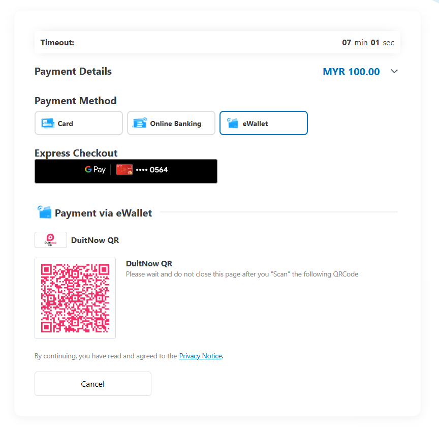 Skrin imbas DuitNow QR di checkout HOI untuk bayaran PayLater