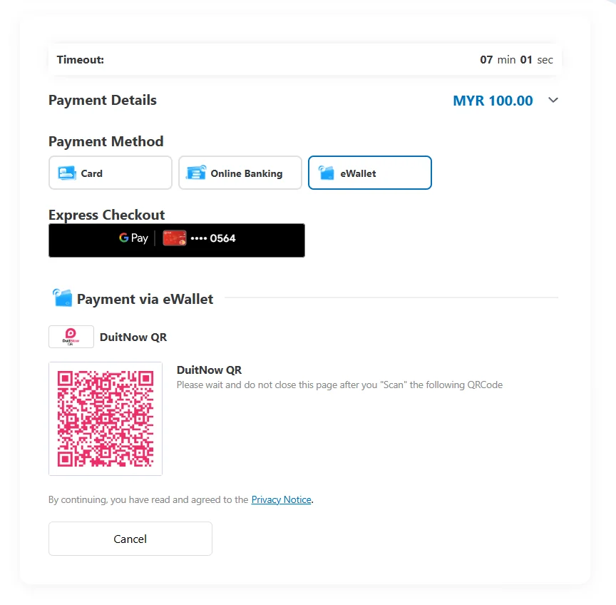 DuitNow QR scan screen on HOI checkout for PayLater payment